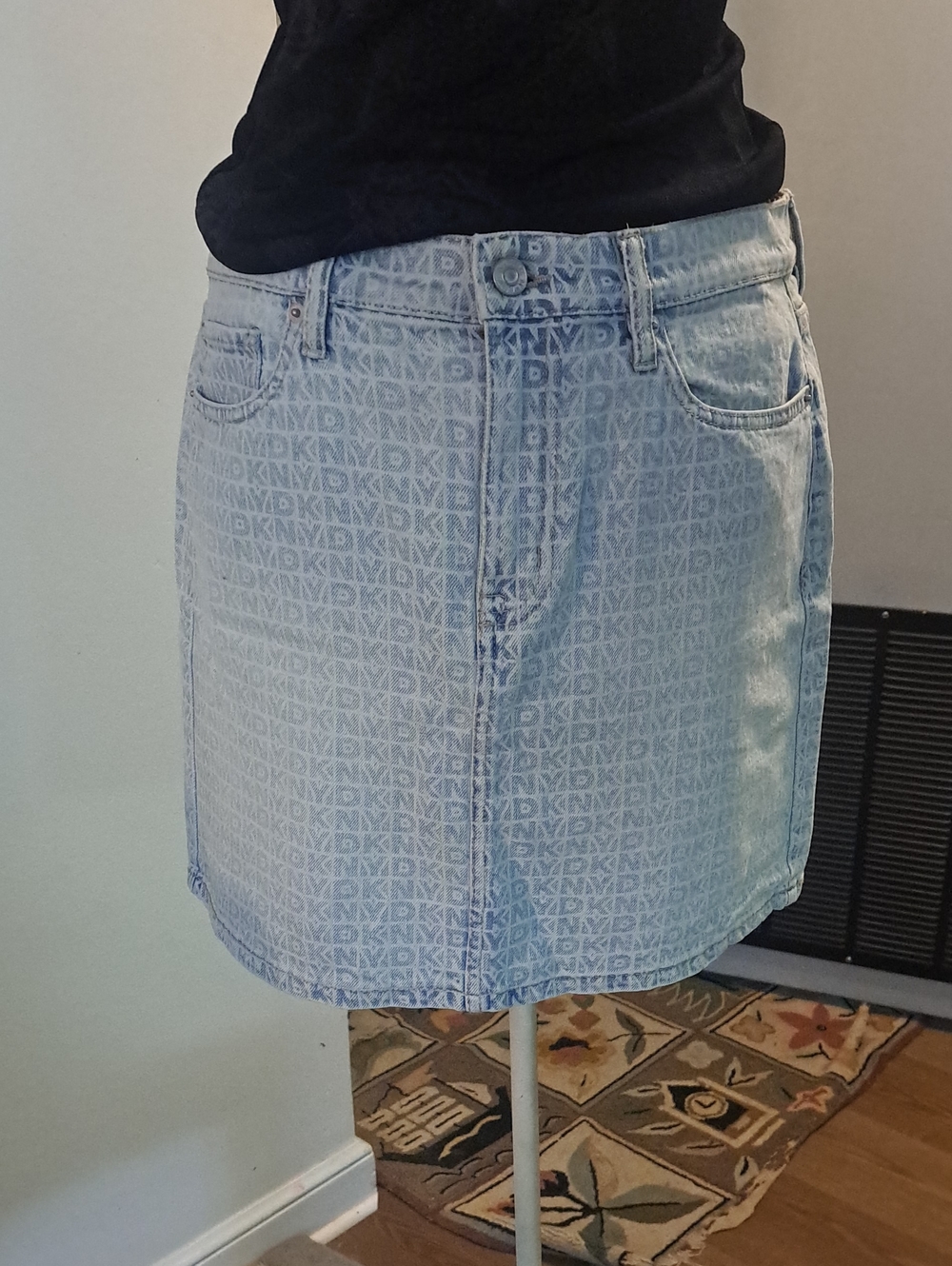 DKNY Light Blue Logo-Print Denim Mini Skirt